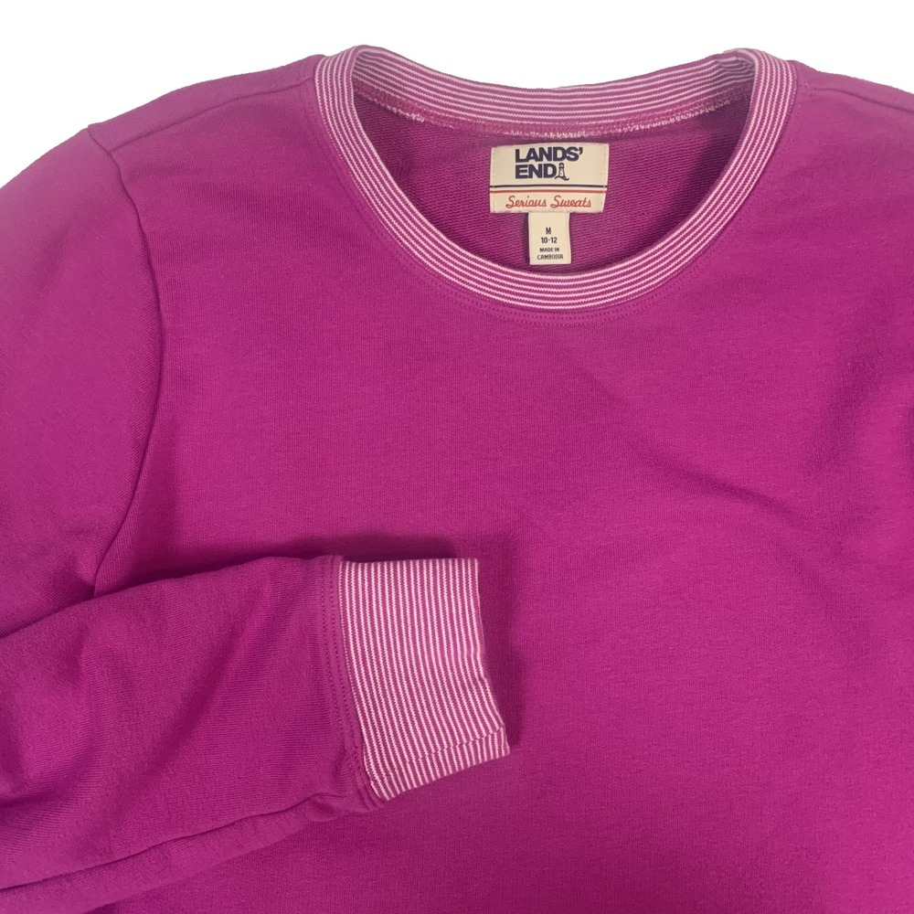 Lands’ End Cotton Sweatshirt Striped Trim Womens Medium Pink Oversized 514365